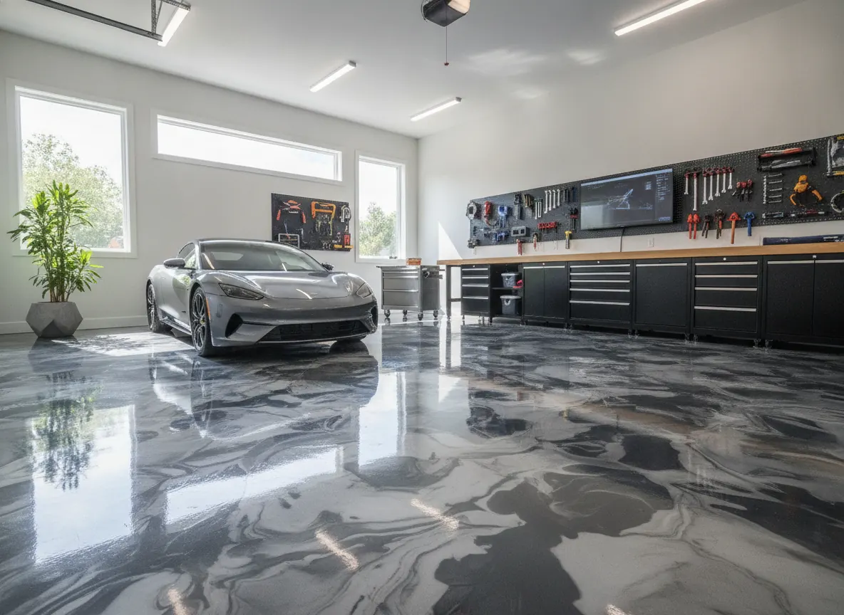 Swirled metallic epoxy floor with a marbled finish