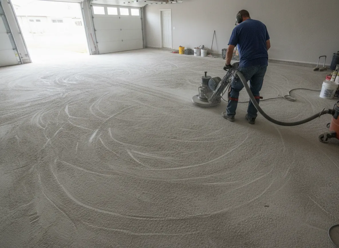 Diamond grinder preparing a concrete floor next to a repaired crack